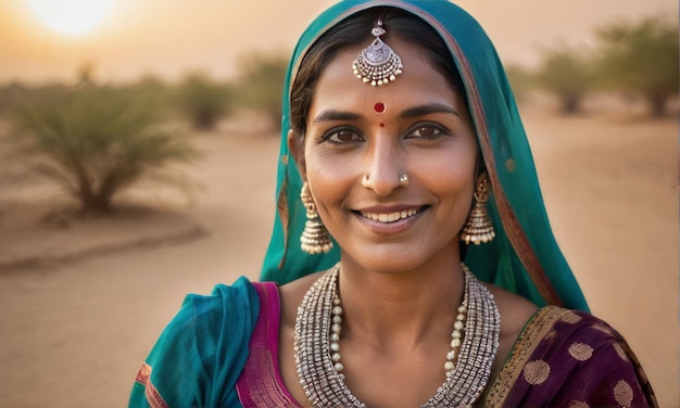 La donna indiana sorride graziosamente elegantemente vestita con un sari colorato che mostra il vibrante patrimonio culturale dell'India per l'uso in contesti legati alla cultura indiana, alla moda, alla diversità dell'abbigliamento tradizionale.