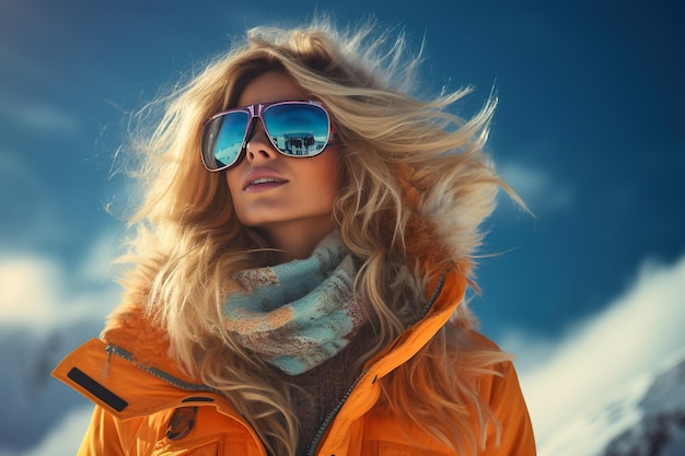 La donna indossa occhiali da sole trascorrendo il fine settimana sullo sci