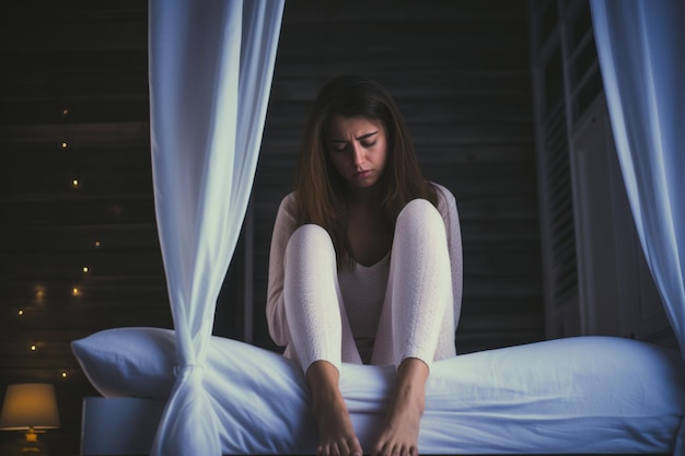 La donna infelice a letto di notte soffre della sindrome delle gambe irrequiete. La donna malata lotta con il crampo. Il concetto di assistenza sanitaria.