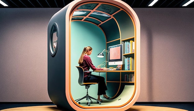 La donna lavora nella stanza della capsula dell'ufficio per un lavoro concentrato nella negoziazione online silenziosa