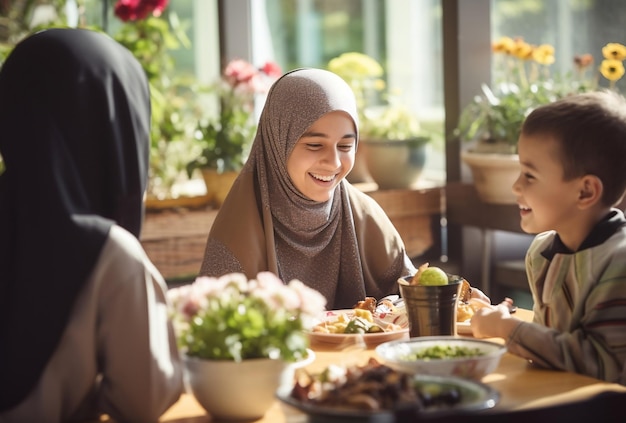 La donna musulmana mangia mentre sorride