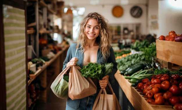 La donna nel supermercato verde acquista generi alimentari Negozio di rifiuti zero Sacchetti riutilizzabili ecologici