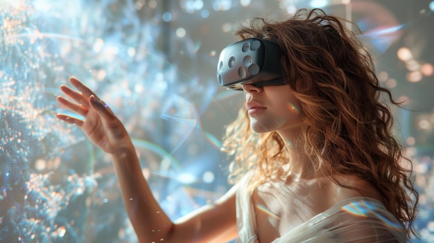 La donna nell'esperienza VR sta toccando l'aria isolata su bianco