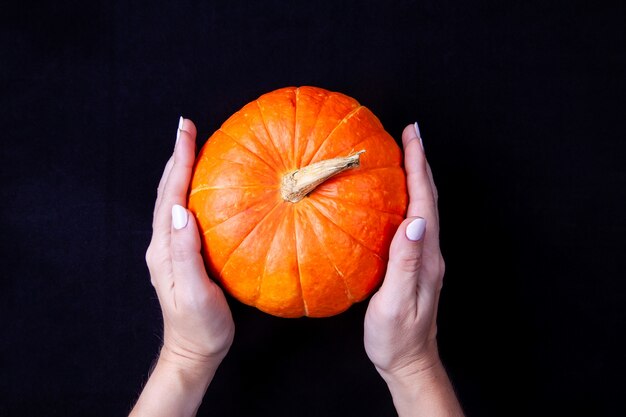 La donna passa la tenuta della zucca arancione piccola sul nero