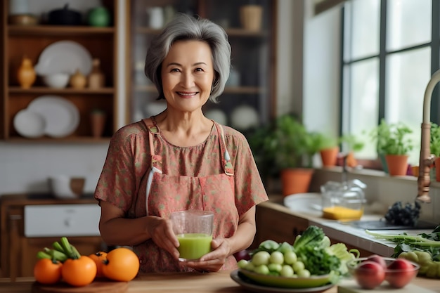 La donna più anziana asiatica sorridente felice in grembiule sta assaggiando e annusando il cibo mentre cucina in cucina