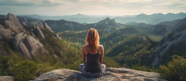 La donna pratica lo yoga e medita sulla montagna