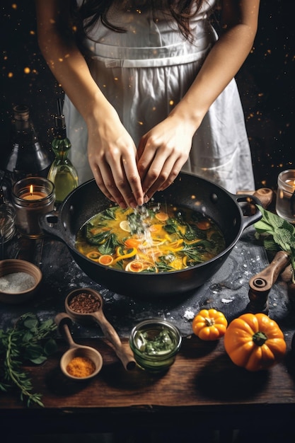 La donna prepara il piatto per festeggiare Halloween Mani femminili che cucinano in cucina con ingredienti di Halloween sul tavolo