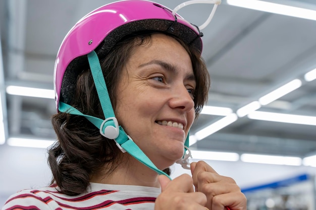 La donna prova un casco da bicicletta in un negozio di articoli sportivi