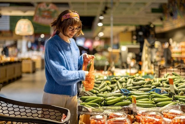 La donna sceglie le verdure nel supermercato