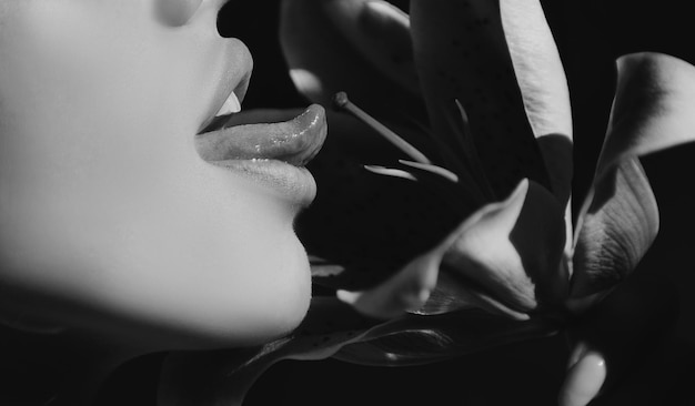La donna sexy lecca le labbra della donna del fiore con il concetto di sesso lesbico orale del lilium degli ibridi orientali del giglio di giorno