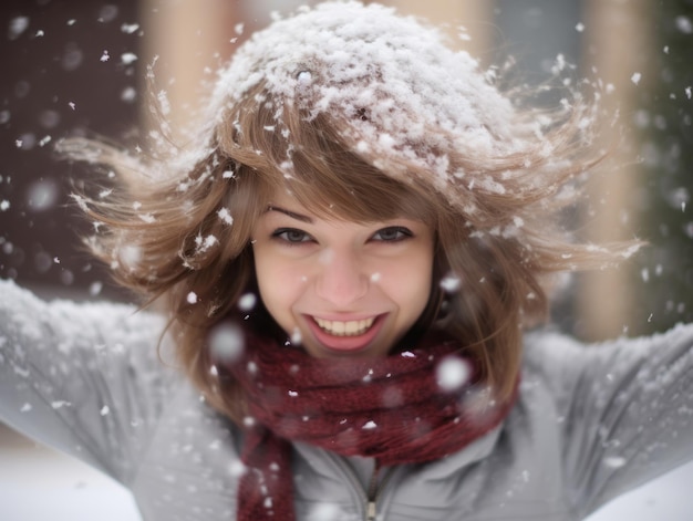 La donna si diverte nella giornata invernale in posa emotiva e giocosa