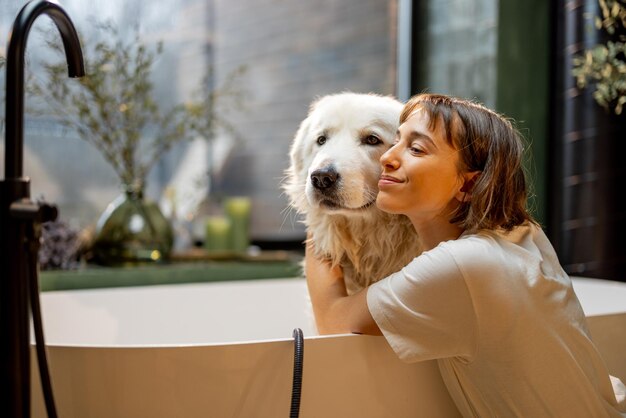 La donna si prende cura del suo simpatico cane mentre si lava nella vasca da bagno