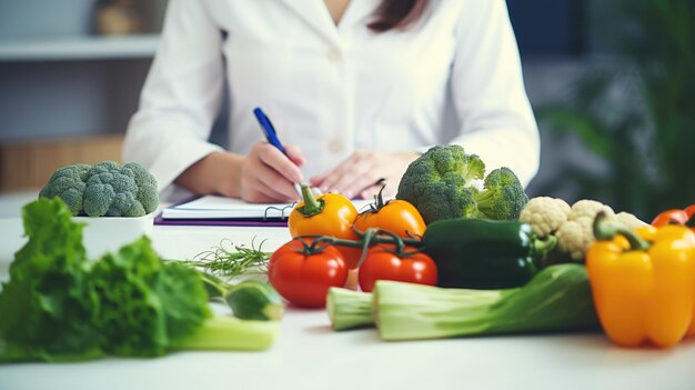 La donna si prescrive un piano di dieta con le verdure distese sul tavolo della cucina