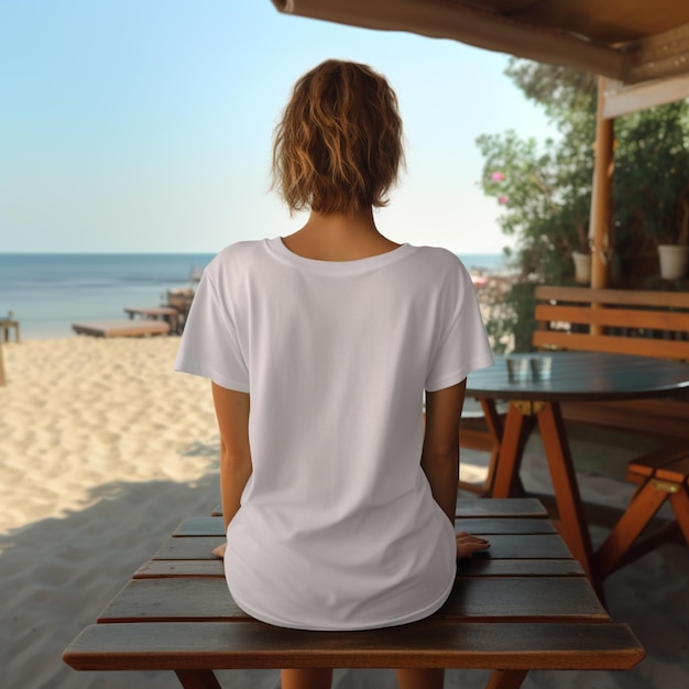 La donna si siede sul caffè sulla spiaggia indossando una maglietta bianca vuota rivolta all'indietro