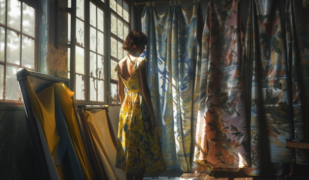 La donna si trova di fronte alla finestra a guardare la tenda di seta