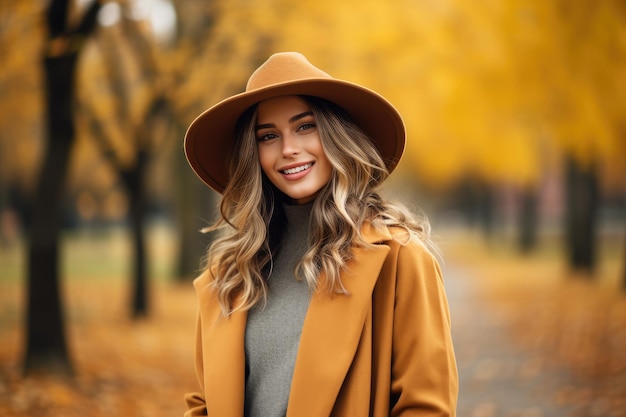 La donna si veste con cappotto e cappello fuori nel giorno d'autunno AI Generato