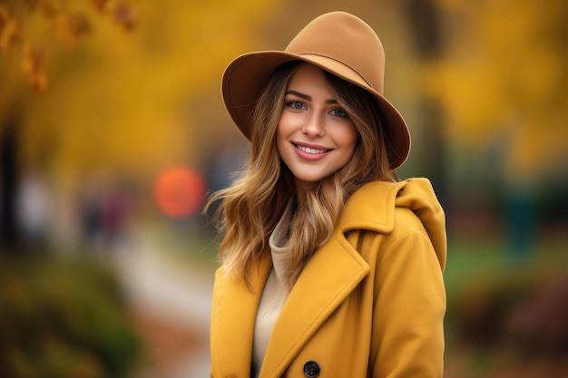 La donna si veste con cappotto e cappello fuori nel giorno d'autunno AI Generato
