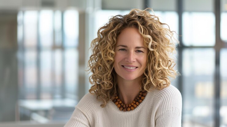 La donna sorridente dai capelli ricci