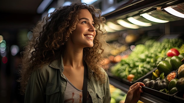 la donna sorridente felice sta acquistando prodotti vegetali biologici nel negozio di alimentari