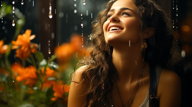 La donna sorridente gode della bellezza della natura delle gocce di pioggia e della freschezza estiva