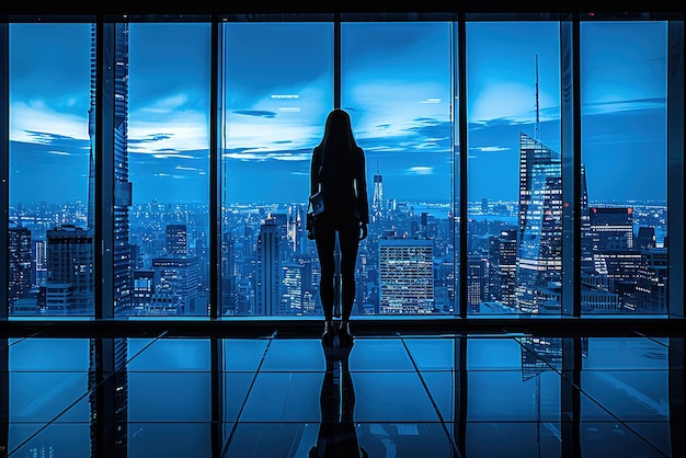 La donna sta accanto a una finestra guardando le luci della città in pensiero un momento di introspezione e di interiorità