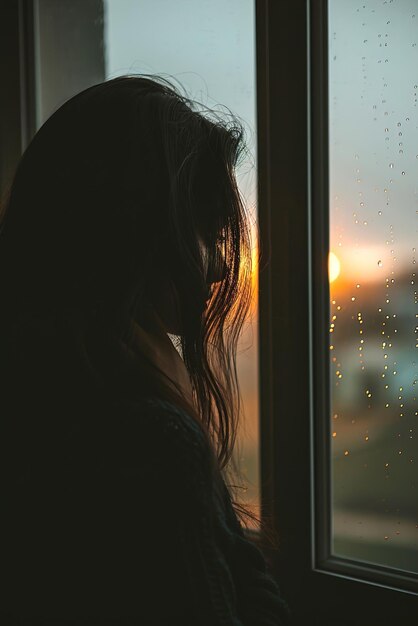 La donna sta accanto a una finestra guardando le luci della città in pensiero un momento di introspezione e di interiorità