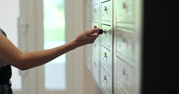 La donna sta aprendo la sua cassetta postale all'interno di un gruppo di cassette postali per il suo appartamento Concetto di spedizione della posta