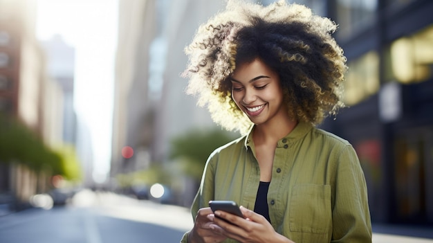 La donna sta guardando il suo smartphone in piedi su un marciapiede urbano con edifici sullo sfondo