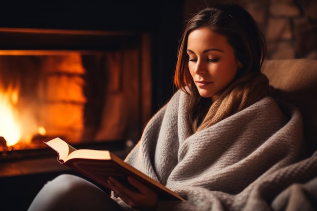 La donna sta leggendo un libro in un posto accogliente