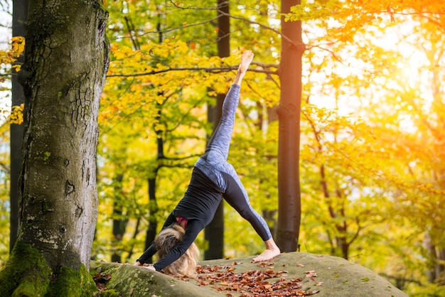 La donna sta praticando lo yoga nella foresta di autunno sulla grande pietra