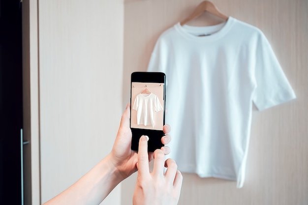 La donna sta scattando una foto sullo smartphone di vestiti usati per la rivendita o per beneficenza
