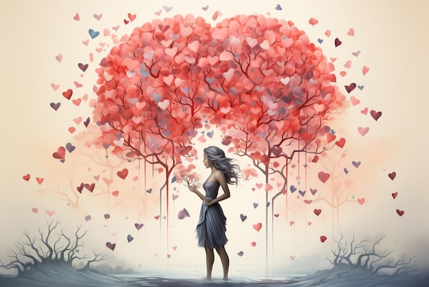 La donna sta sotto un albero con cuori rossi amore ed emozione concetto giorno di San Valentino mente positiva buona