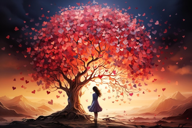 La donna sta sotto un albero con cuori rossi amore ed emozione concetto giorno di San Valentino mente positiva