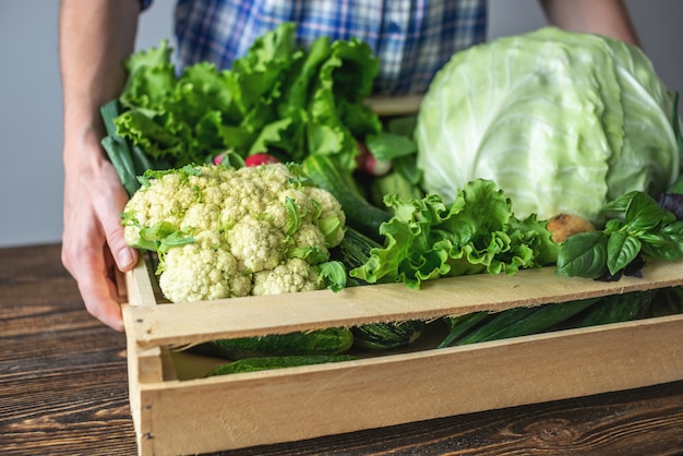 La donna sta tenendo una scatola di verdure fresche sane