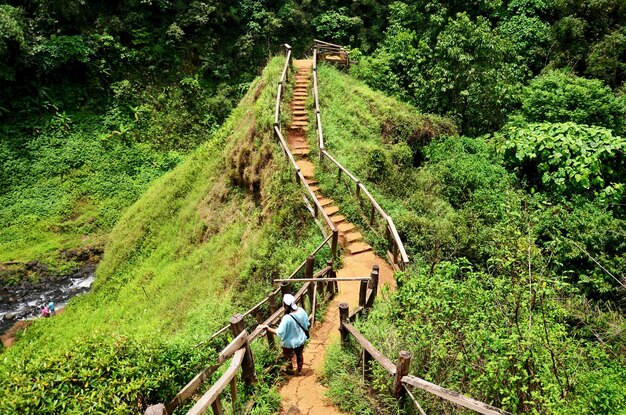 La donna tailandese del viaggiatore che cammina va al punto di vista della cascata di Tad Yeuang nell'altopiano di Bolaven a Paksong Champasak Laos