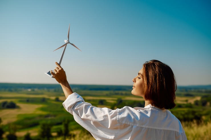 Foto la donna tiene il modello della turbina eolica nel campo