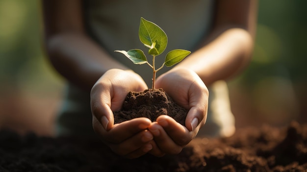 La donna tiene in mano un terreno fertile con una piantina verde in crescita