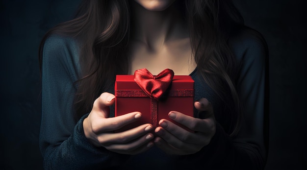 La donna tiene in mano una confezione regalo rossa