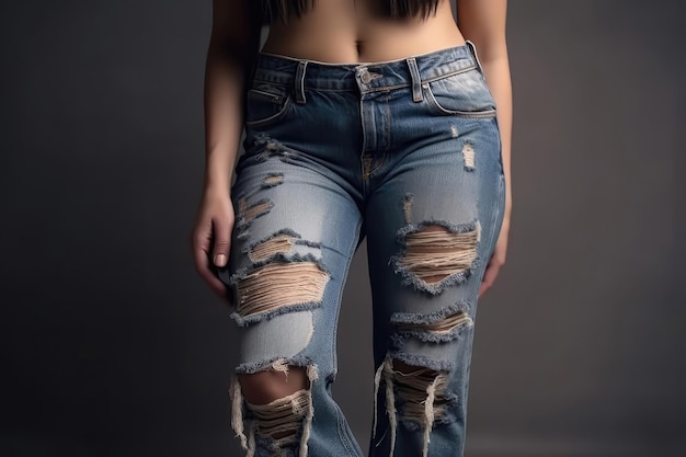 La donna tiene la gamba piena dei jeans Generative AI