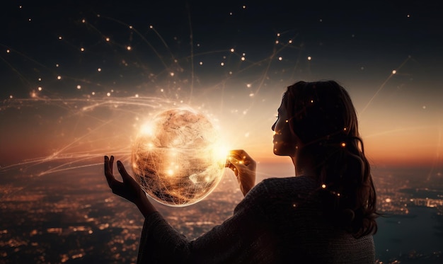 La donna tocca il pianeta terra del consumo di energia dell'umanità di notte generativa AI