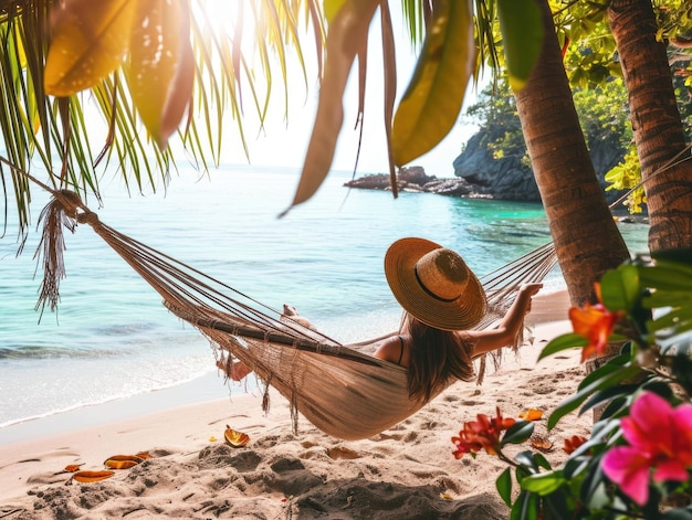 La donna viaggiatrice si rilassa in un'amaca sulla spiaggia estiva della Thailandia un giorno d'estate soleggiato fiori tropicali intorno