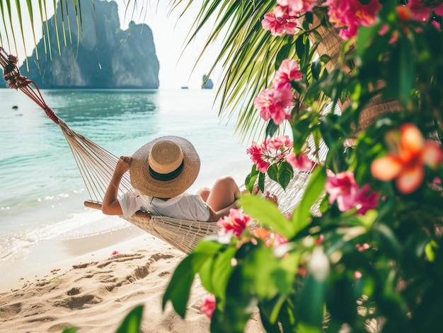 La donna viaggiatrice si rilassa in un'amaca sulla spiaggia estiva della Thailandia un giorno d'estate soleggiato fiori tropicali intorno