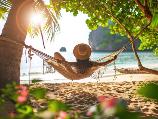 La donna viaggiatrice si rilassa in un'amaca sulla spiaggia estiva della Thailandia un giorno d'estate soleggiato fiori tropicali intorno