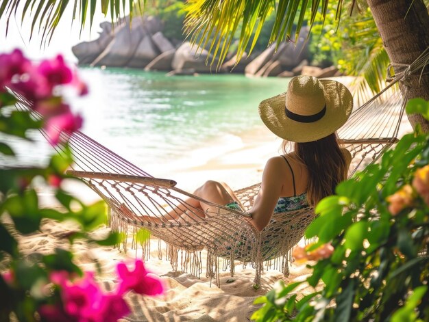 La donna viaggiatrice si rilassa in un'amaca sulla spiaggia estiva della Thailandia un giorno d'estate soleggiato fiori tropicali intorno