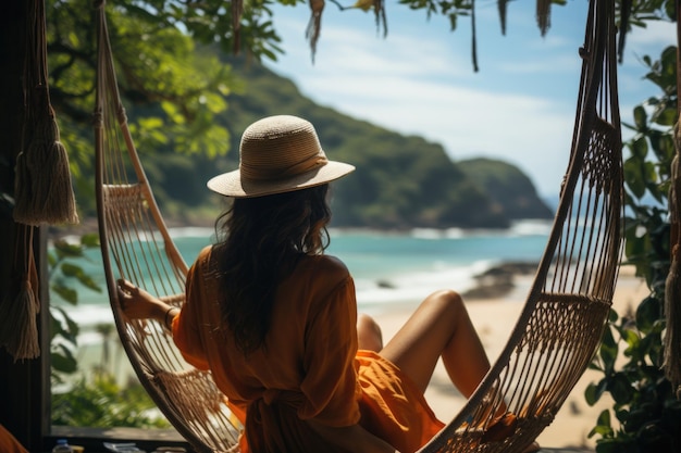 La donna viaggiatrice si rilassa in un'amaca sulla spiaggia estiva Thailandia senza volto mostrato