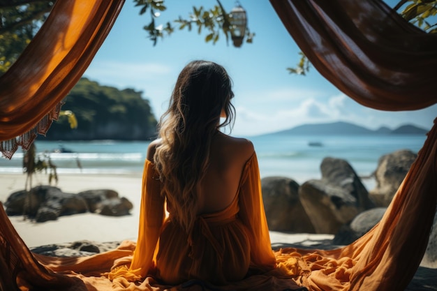 La donna viaggiatrice si rilassa in un'amaca sulla spiaggia estiva Thailandia senza volto mostrato