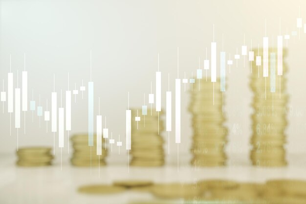 La doppia esposizione del diagramma finanziario creativo virtuale su monete in crescita impila il concetto bancario e contabile di sfondo