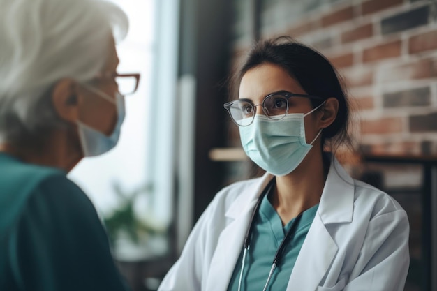 La dottoressa in maschera medica consulta il paziente anziano Assistenza sanitaria di vecchia generazione IA generativa