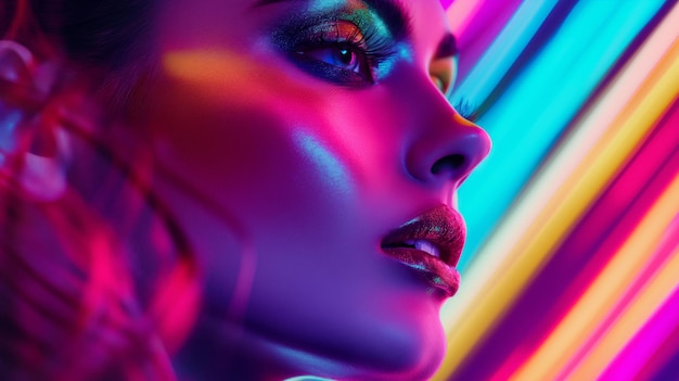 La faccia della donna modello è drammaticamente illuminata da luci al neon che gettano vivide tonalità turchesi e rosa sui suoi tratti