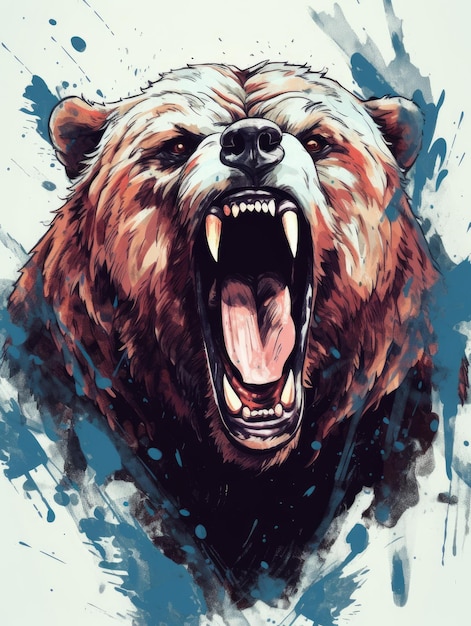 La faccia di un grizzly arrabbiato con la bocca aperta Stampa per Tshirts Generative AI